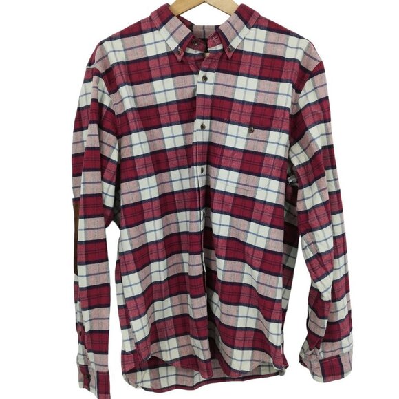 J. Crew Other - J Crew Flannel Plaid Chamois Elbow Patch Button Up Shirt Size L Red Blue Preppy